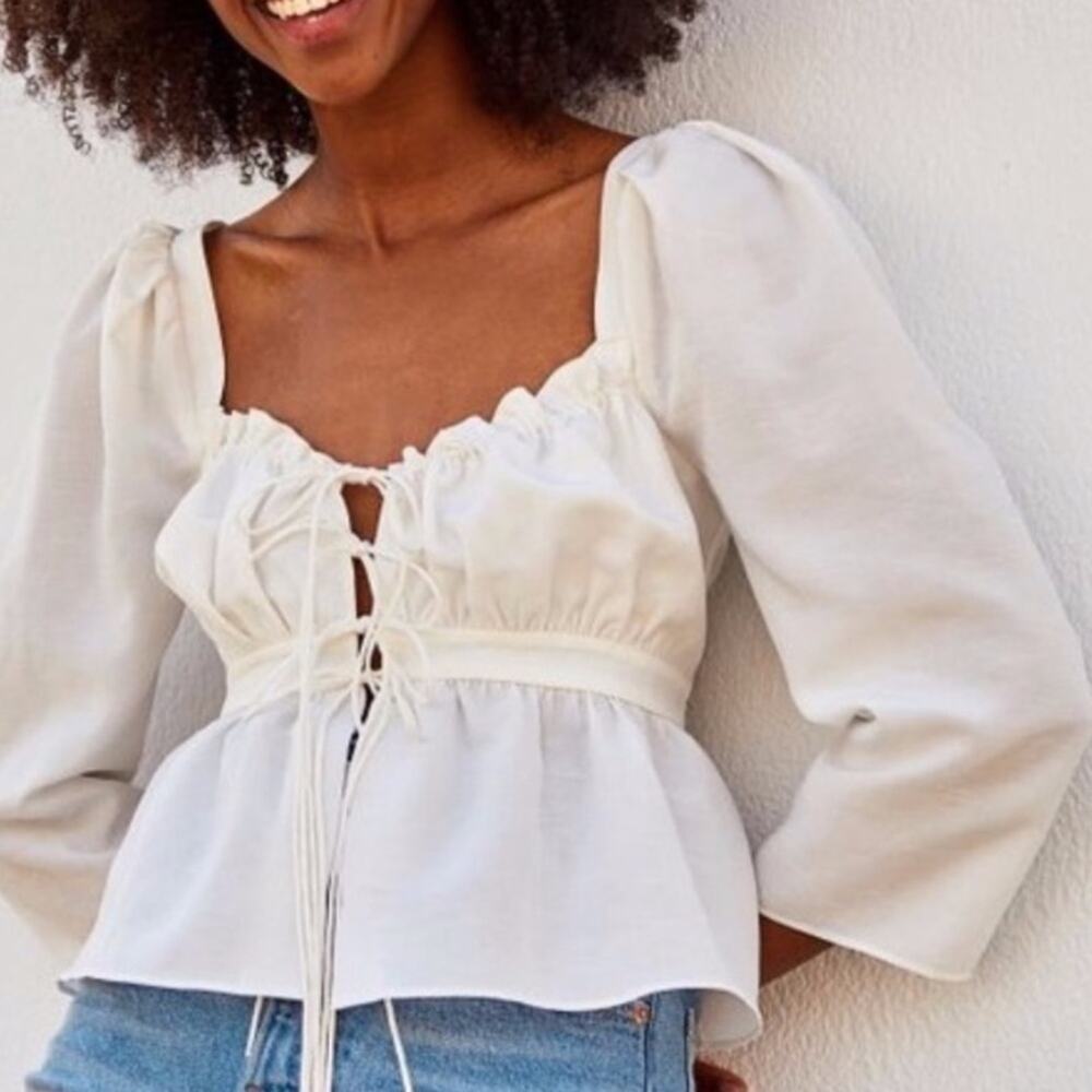 Brock Collection x H&M Tie Front Ivory Blouse Linen Blend 3/4 Sleeve NWOT Sz L